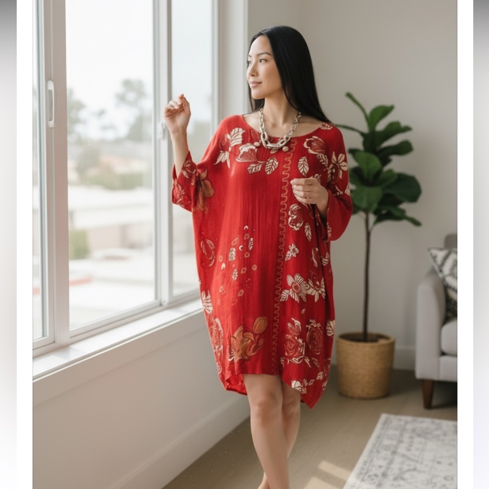 VINTAGE Sharon Anthony Women Top Red Fall Floral Abstract 32W Boat Neck